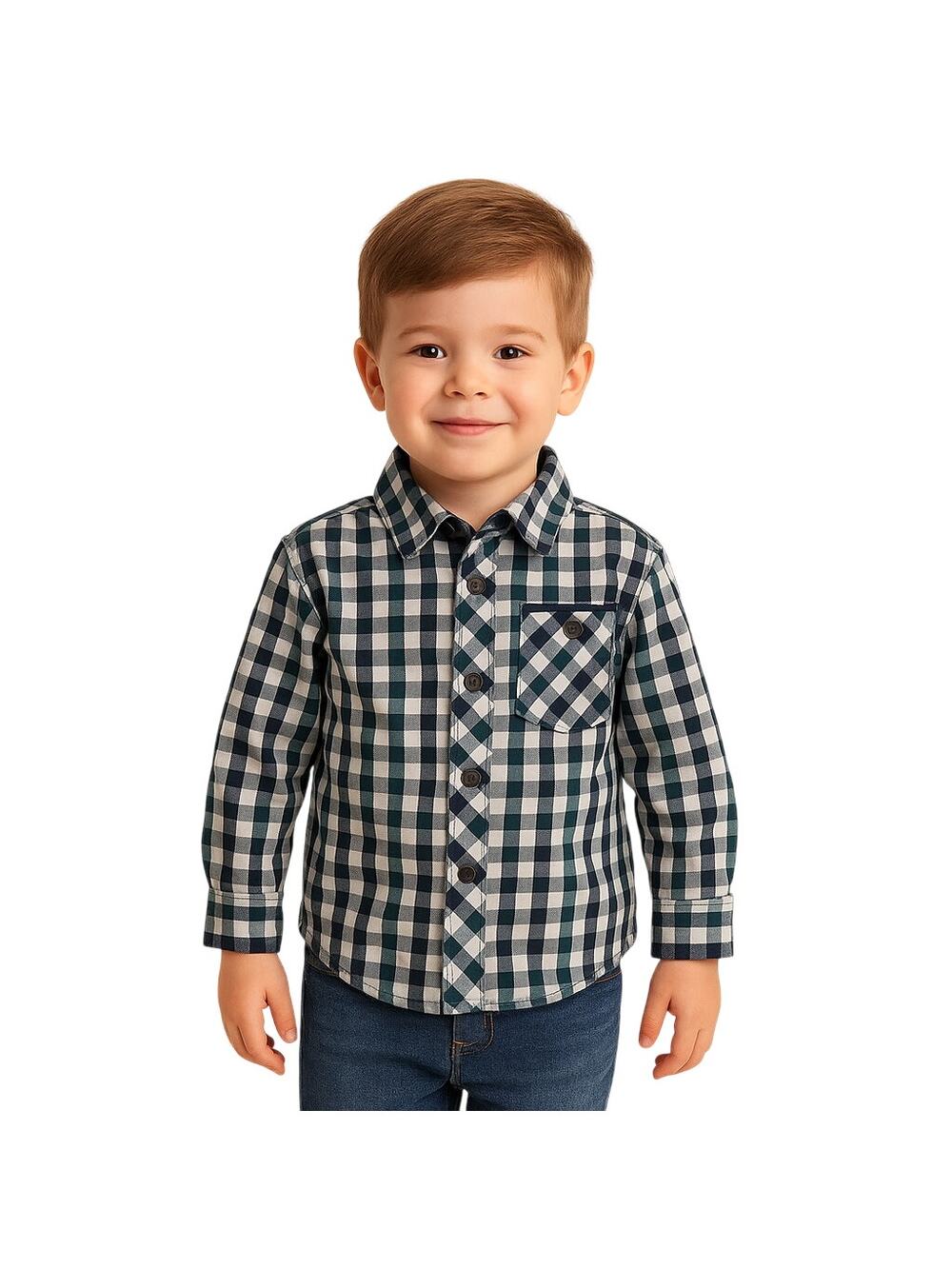 Faded Gear Boys 4 Button Down Shirt Blue Green Plaid Long Sleeve Roll Tab